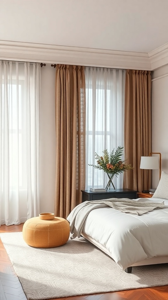 A cozy living room featuring layered curtains with sheer and solid fabrics, a textured rug, and a pouf.