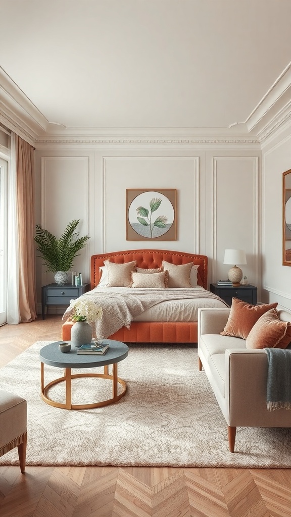A formal living room featuring a plush orange bed, soft rug, and stylish coffee table with plants.