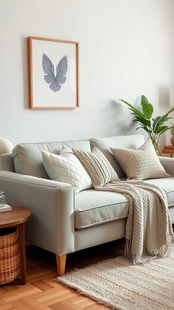 A light grey couch with layered textures, including throw pillows and a knitted blanket, in a cozy living room setting.