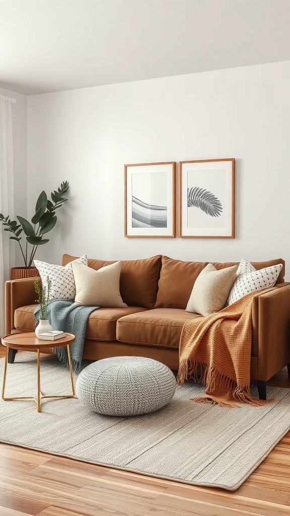 Cozy living room with a brown sofa, layered textures, and decorative elements.