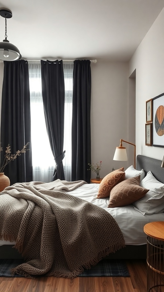 A cozy bedroom featuring black curtains, a knitted throw blanket, and decorative pillows, showcasing layered textures.