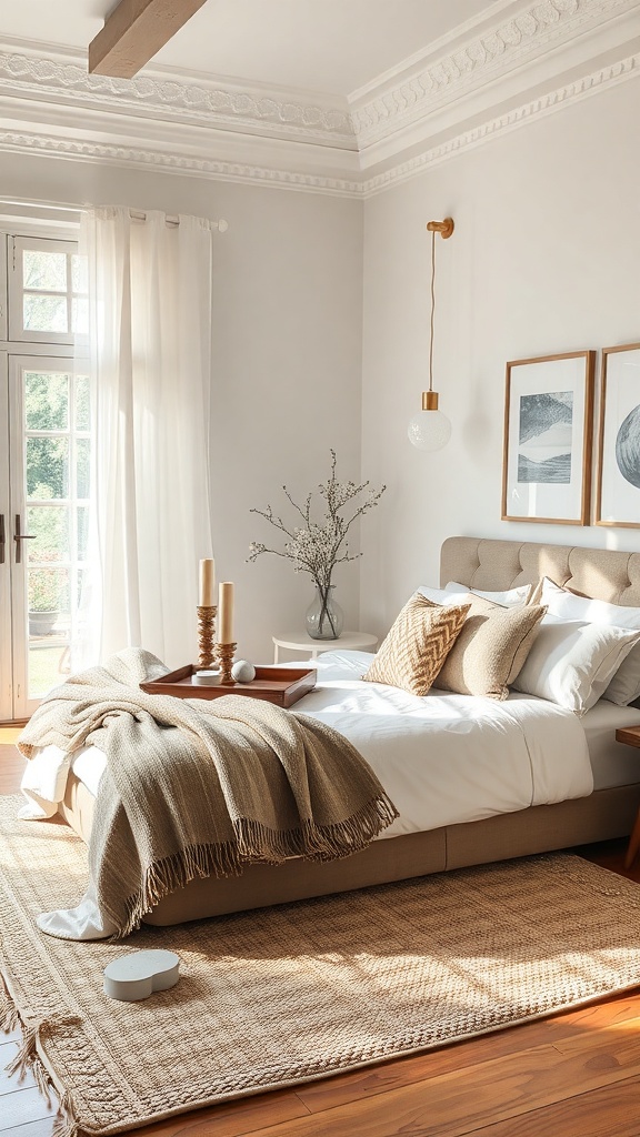 Cozy living room with layered textures, neutral bedding, and natural light.