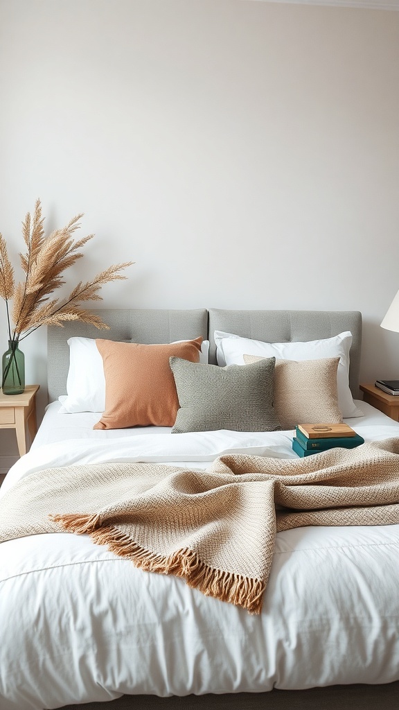A neutral bedroom featuring a bed with layered textures, including pillows and a chunky knit blanket, complemented by a decorative grass arrangement.