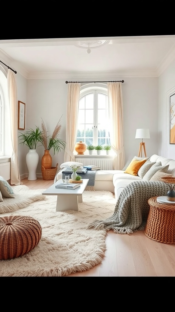 Cozy white living room with layered textures, including a fluffy rug, knitted throw, and woven decor.