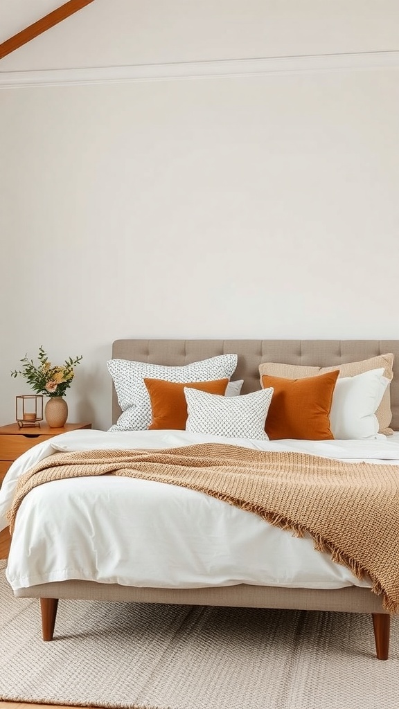 A mid-century modern bedroom featuring a layered bedding setup with various textures and colors.