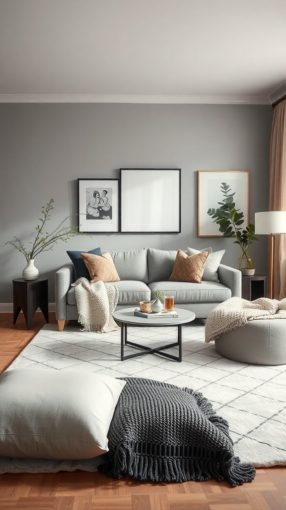 A cozy grey living room featuring a grey sofa, patterned rug, and decorative pillows.