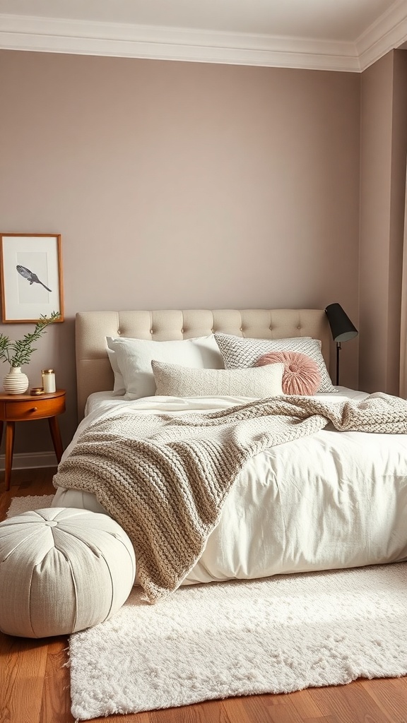 A cozy taupe bedroom featuring layered textures with a knitted throw, fluffy rug, and decorative pillows.