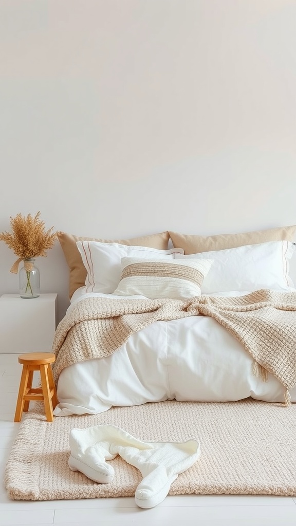 Cozy bedroom featuring layered textures in white and beige, with a soft rug, bedding, and natural elements.