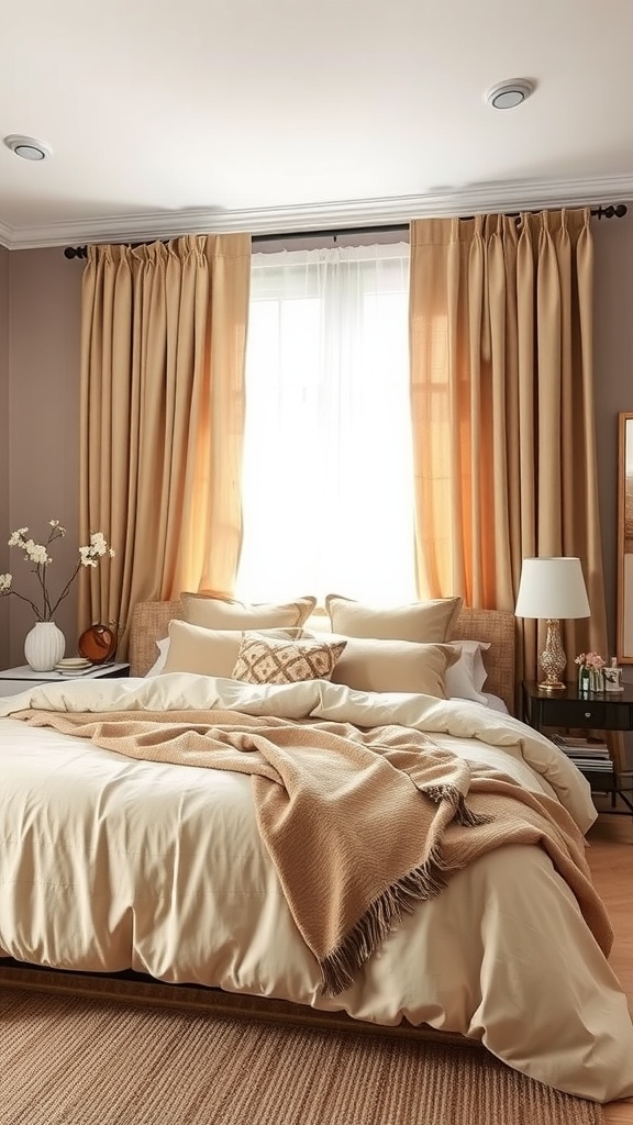 A cozy beige bedroom featuring layered textures with soft bedding and curtains, complemented by a bedside table with a vase.