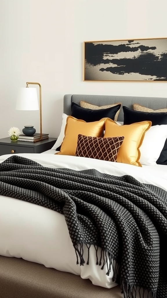 A cozy black and gold themed bedroom featuring a bed with layered textures, including a dark throw blanket and golden pillows.