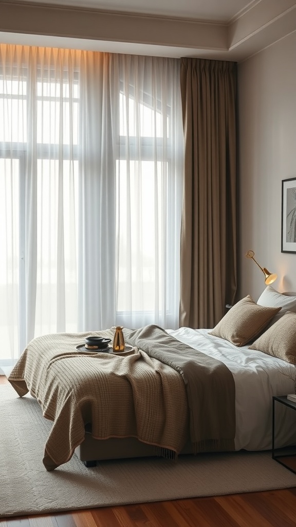 A cozy bedroom featuring layered blackout curtains and sheer drapes, with a neutral color palette and inviting bedding.