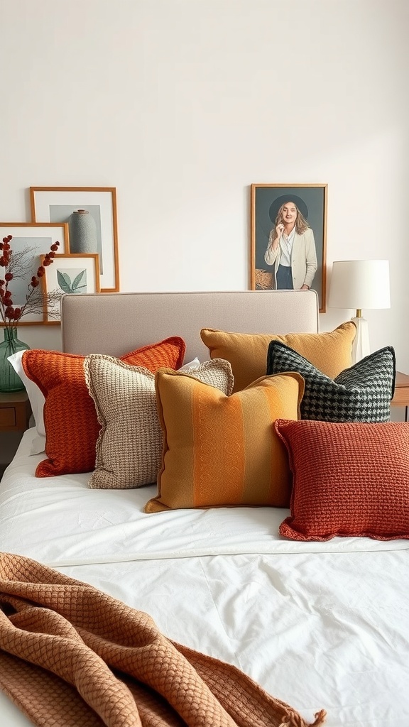 A bed with layered cushions in warm autumn colors and a soft throw blanket.