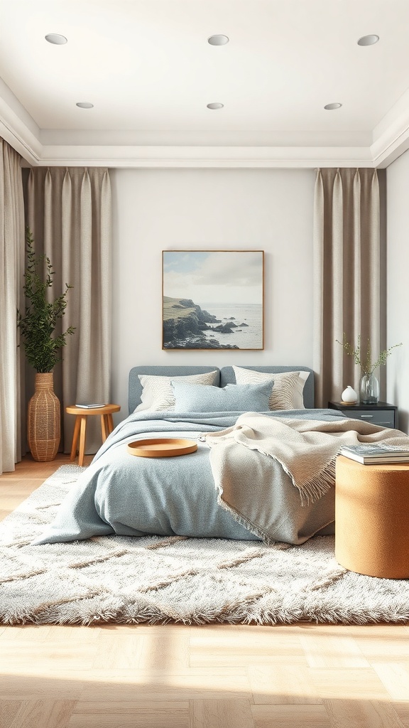 A cozy gray and beige living room featuring layered textures with soft bedding, a fluffy rug, and natural decor elements.