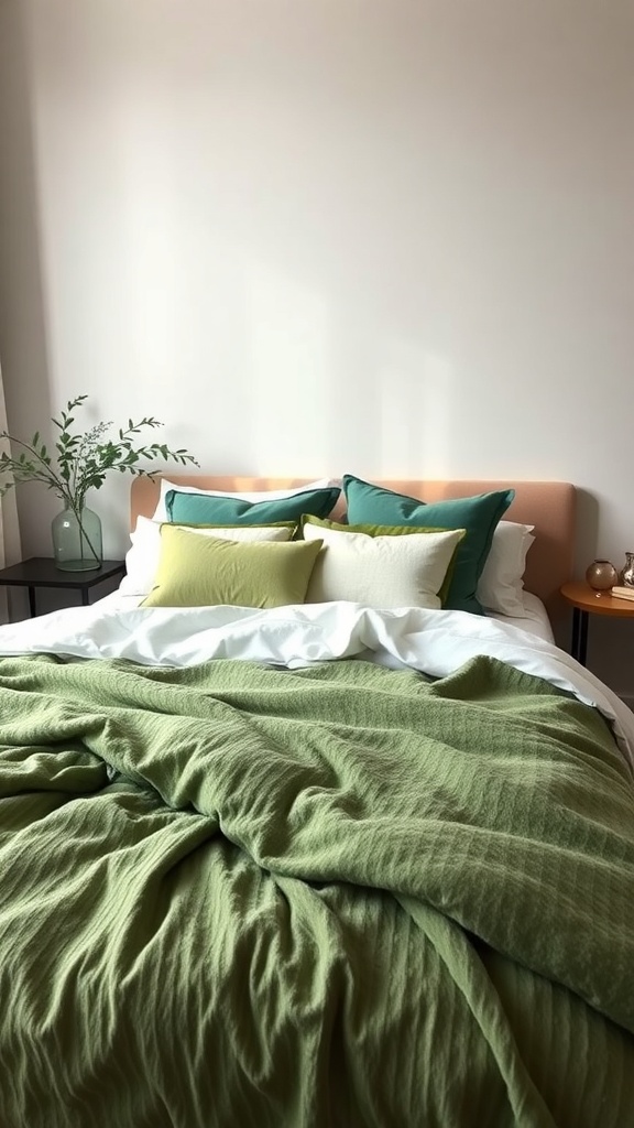 A cozy bedroom with layered green fabrics on the bed, including a green blanket and pillows, complemented by a plant on the bedside table.
