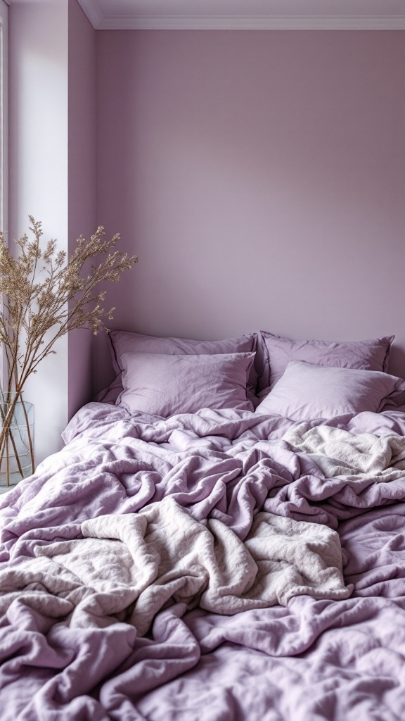 A cozy lavender-themed bedroom with layered textures in bedding and soft wall colors.