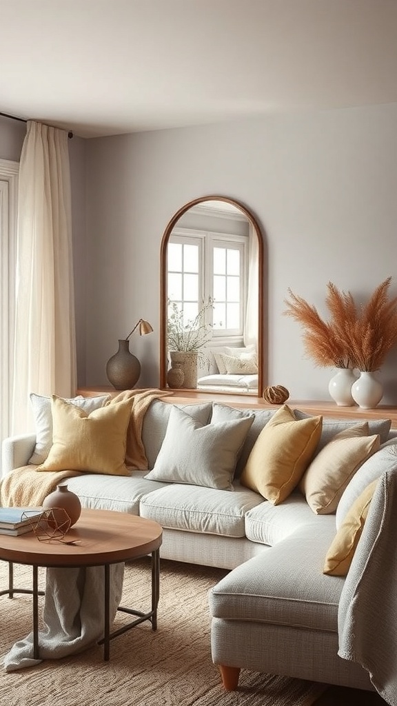A cozy living room featuring an arch mirror above a sofa with layered textures and warm colors.