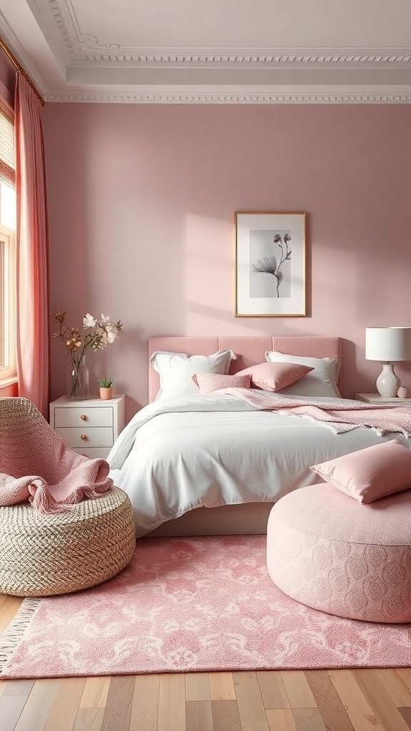 A cozy pink-themed living room with layered textures, featuring a pink bed, cushions, and a woven pouf.