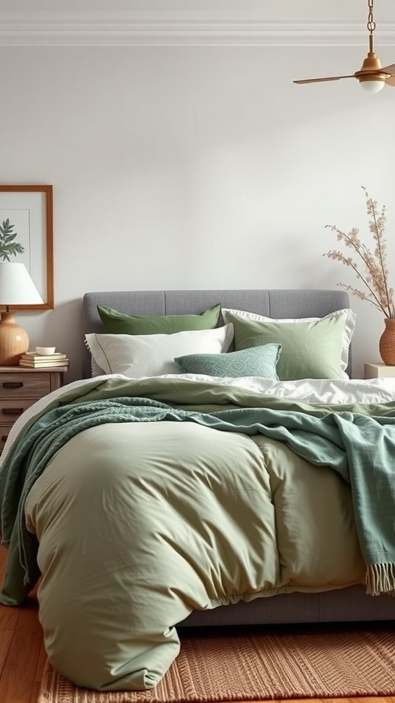 Cozy sage green bedroom with layered textures, featuring a bed with green bedding, various pillows, and natural decor.