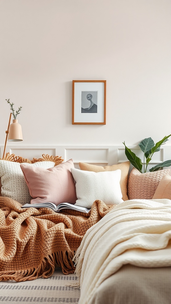 A cozy bedroom corner with layered textures including soft pillows and a chunky knit throw blanket.