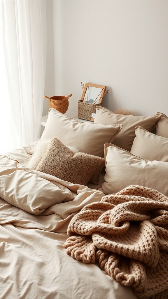 A cozy taupe bed with layered textures, featuring pillows and a chunky blanket, complemented by soft natural light.