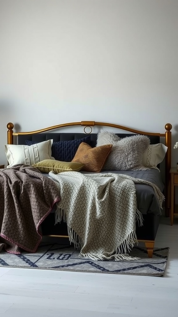 A bed with layered throws and pillows in a black and gold themed bedroom