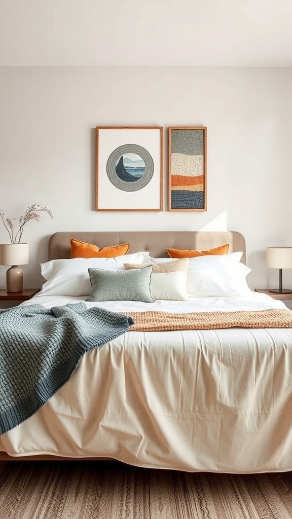 A mid-century modern bedroom featuring a bed with layered textures of throws and pillows in various colors.
