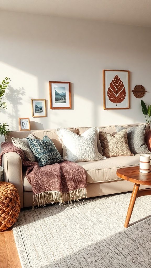 Cozy living room with layered textures, featuring a sofa with throws and pillows, a wooden coffee table, and natural light.