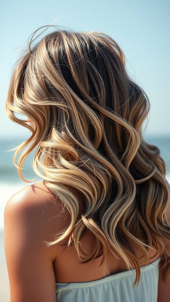 A woman with layered waves and beachy texture, standing by the beach