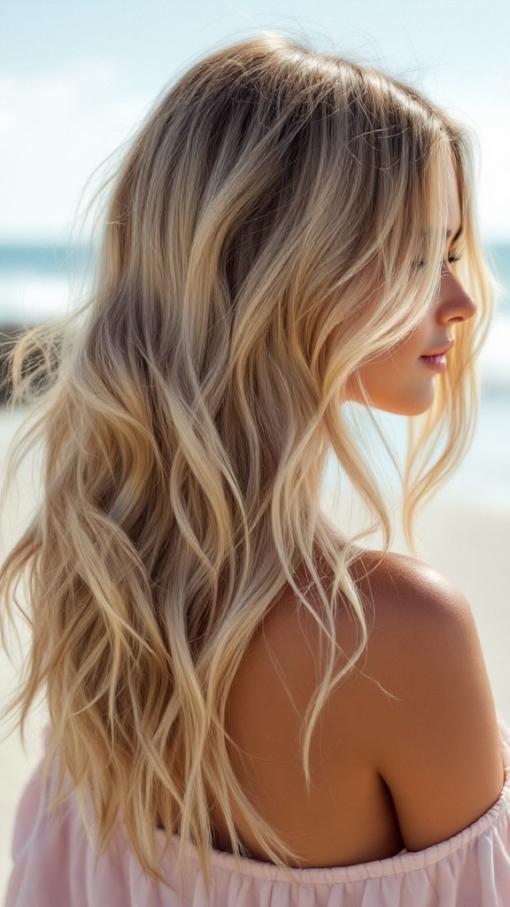 A woman with layered waves and a face-framing fringe standing by the beach.