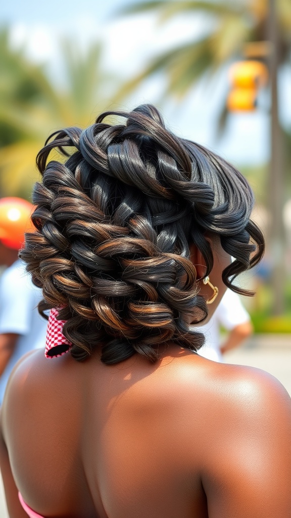 A close-up view of a layered weave hairstyle featuring soft curls and a mix of dark and light hair colors.