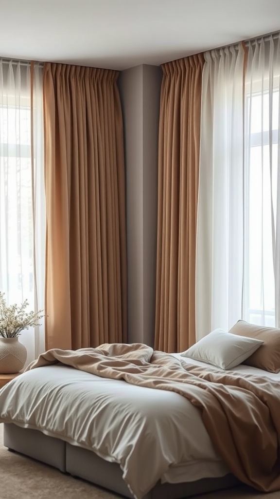 Cozy winter bedroom with layered curtains in earthy tones.