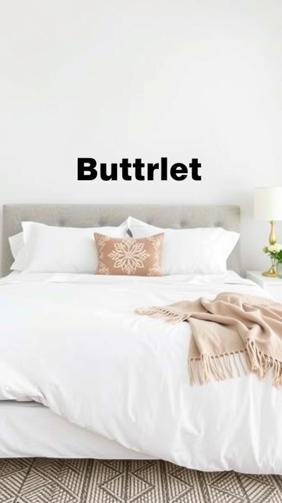 A clean and stylishly layered bed with white sheets, a textured blanket, and a decorative pillow.