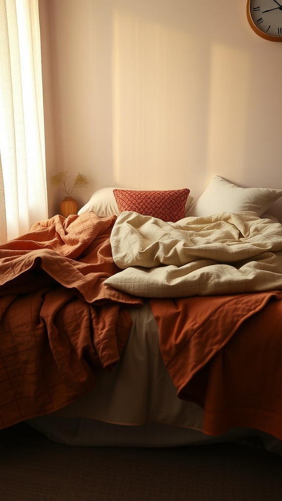 A cozy bed with layered bedding in warm tones, featuring a mix of textures and decorative pillows.