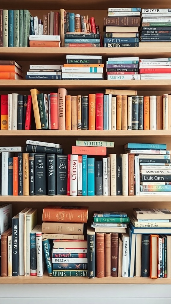 Bookshelf with a mix of horizontally and vertically stacked books, showcasing colorful book covers.