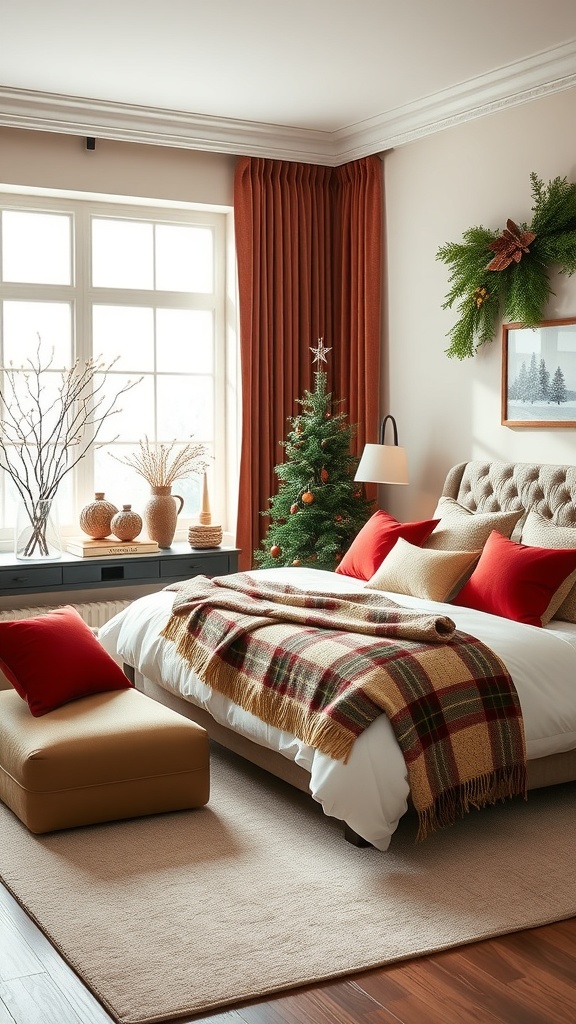 A cozy winter bedroom with a plaid blanket, red pillows, and a small Christmas tree.