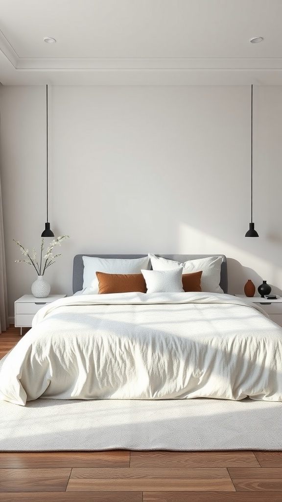 A cozy monochrome bedroom featuring a soft white bed, rust-colored pillows, and minimalist decor.