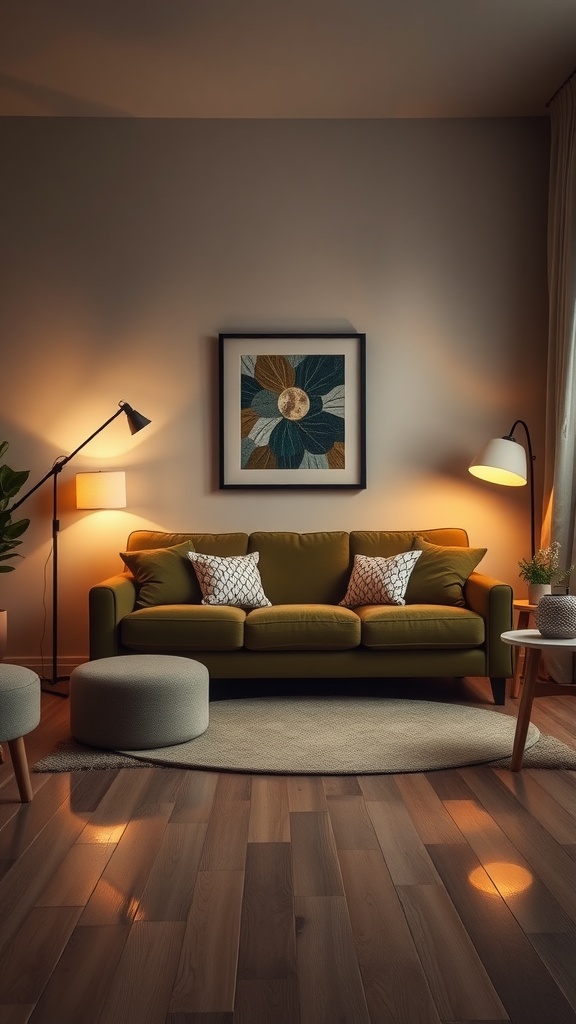 Cozy living room featuring an olive green couch, layered lighting, and decorative elements.