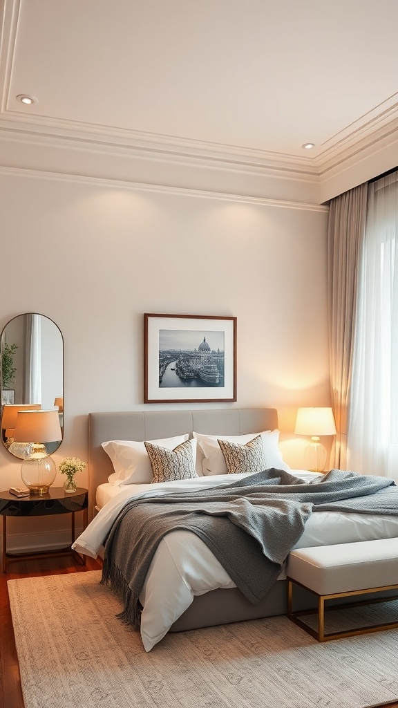 A chic mom bedroom with layered lighting, featuring bedside lamps, recessed ceiling lights, and a large window.