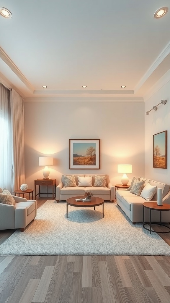 A well-lit living room with layered lighting, featuring recessed lights and table lamps, creating a warm and inviting atmosphere.