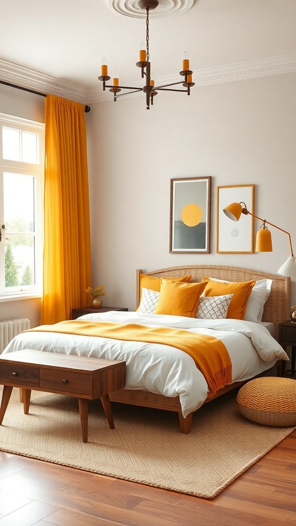 A cozy mustard yellow bedroom featuring layered shades of yellow in curtains, pillows, and throws, complemented by neutral bedding and wooden furniture.