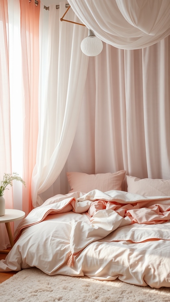 A cozy pastel bedroom with layered curtains, soft bedding, and a minimalist side table.
