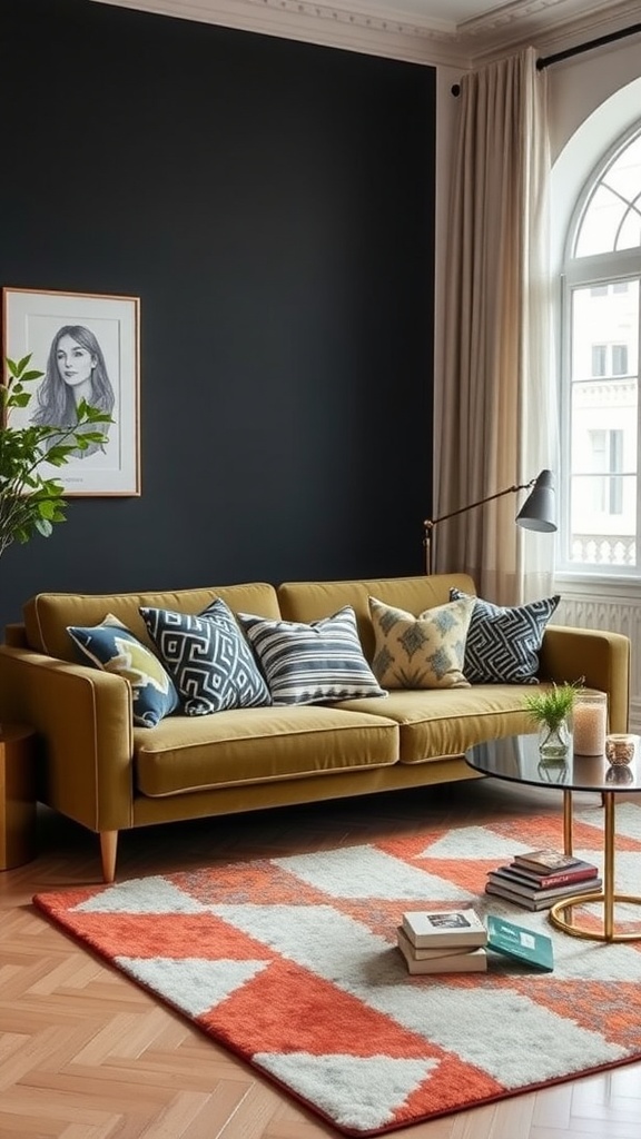 Living room featuring an olive green couch with patterned pillows, a geometric rug, and a modern decor.