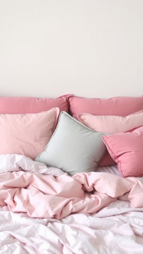A bed with layered pink and grey pillows.