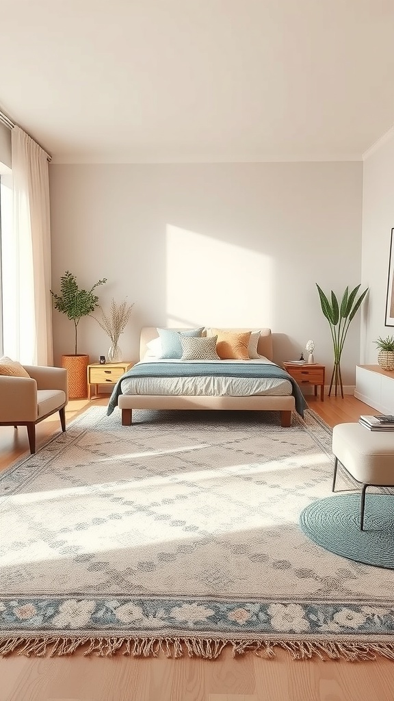 A beige living room with layered rugs, featuring a large neutral rug and a smaller patterned rug.