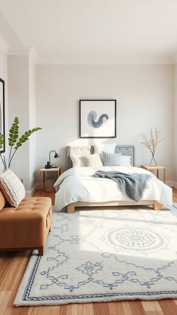 A cozy kitchen with layered rugs, showcasing a light-colored rug on a wooden floor.