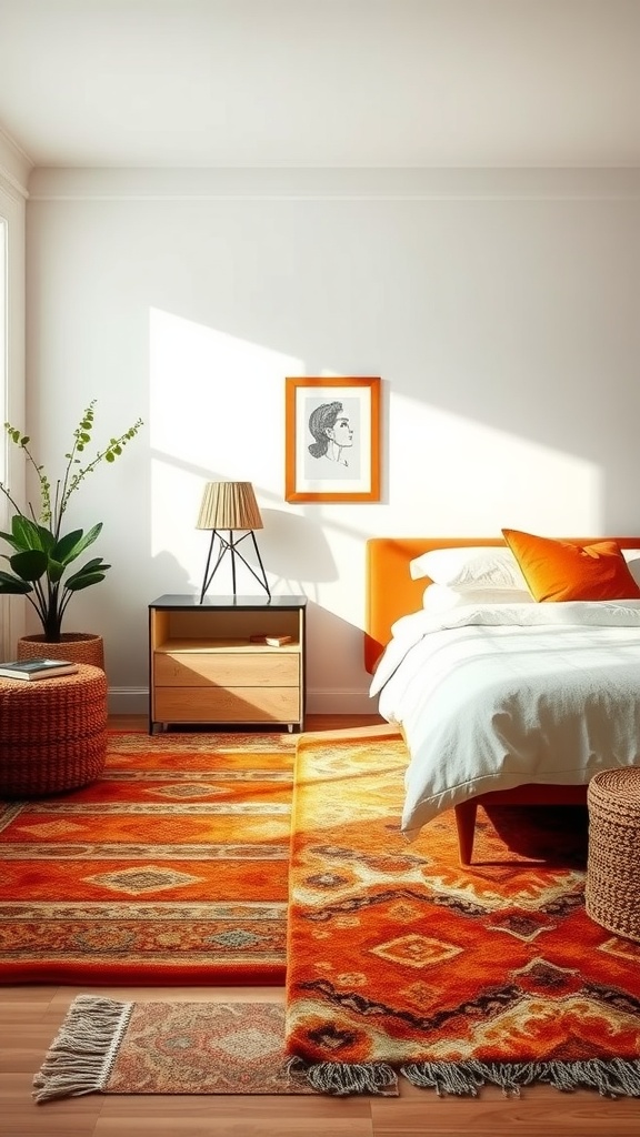 A warm-toned bedroom featuring layered rugs in burnt orange shades, complementing the decor.
