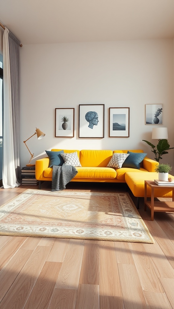 A bright yellow couch in a living room with layered rugs and modern decor.