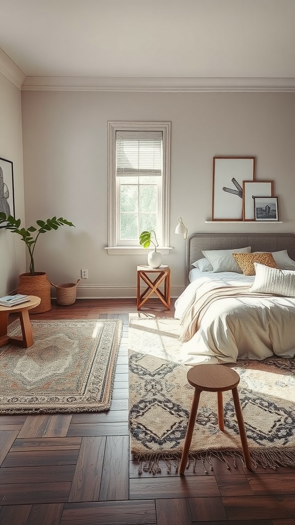 A cozy bedroom featuring layered rugs in taupe tones, wooden furniture, and natural elements.