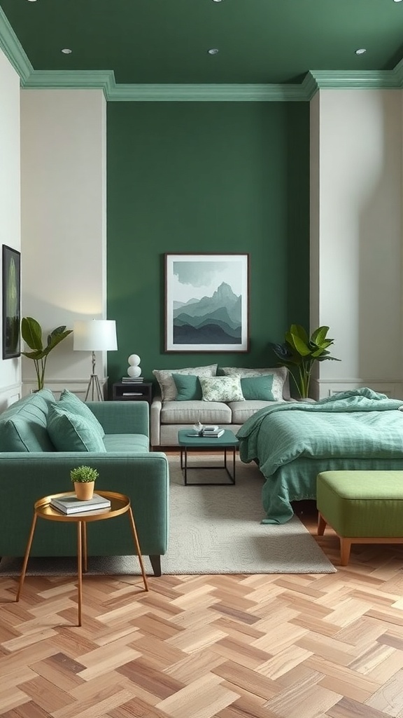 A stylish living room featuring layered shades of green with a cozy atmosphere.