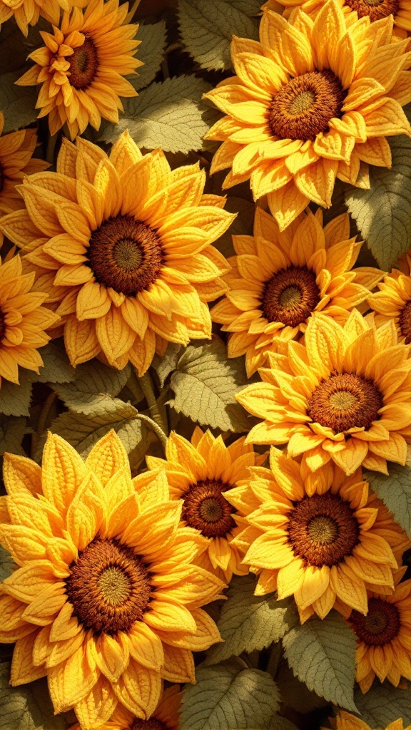 Crochet sunflowers with 3D effect using layering techniques.